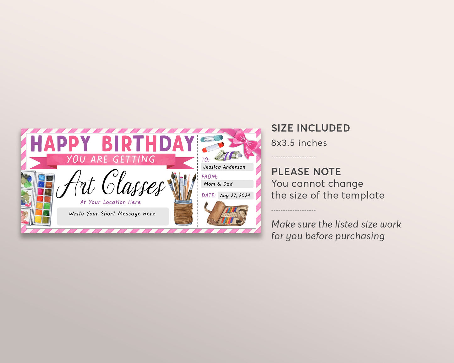 Art Class Gift Certificate Editable Template, Birthday Surprise Painting Lessons For Her, Watercolor Experience Voucher Reveal Coupon