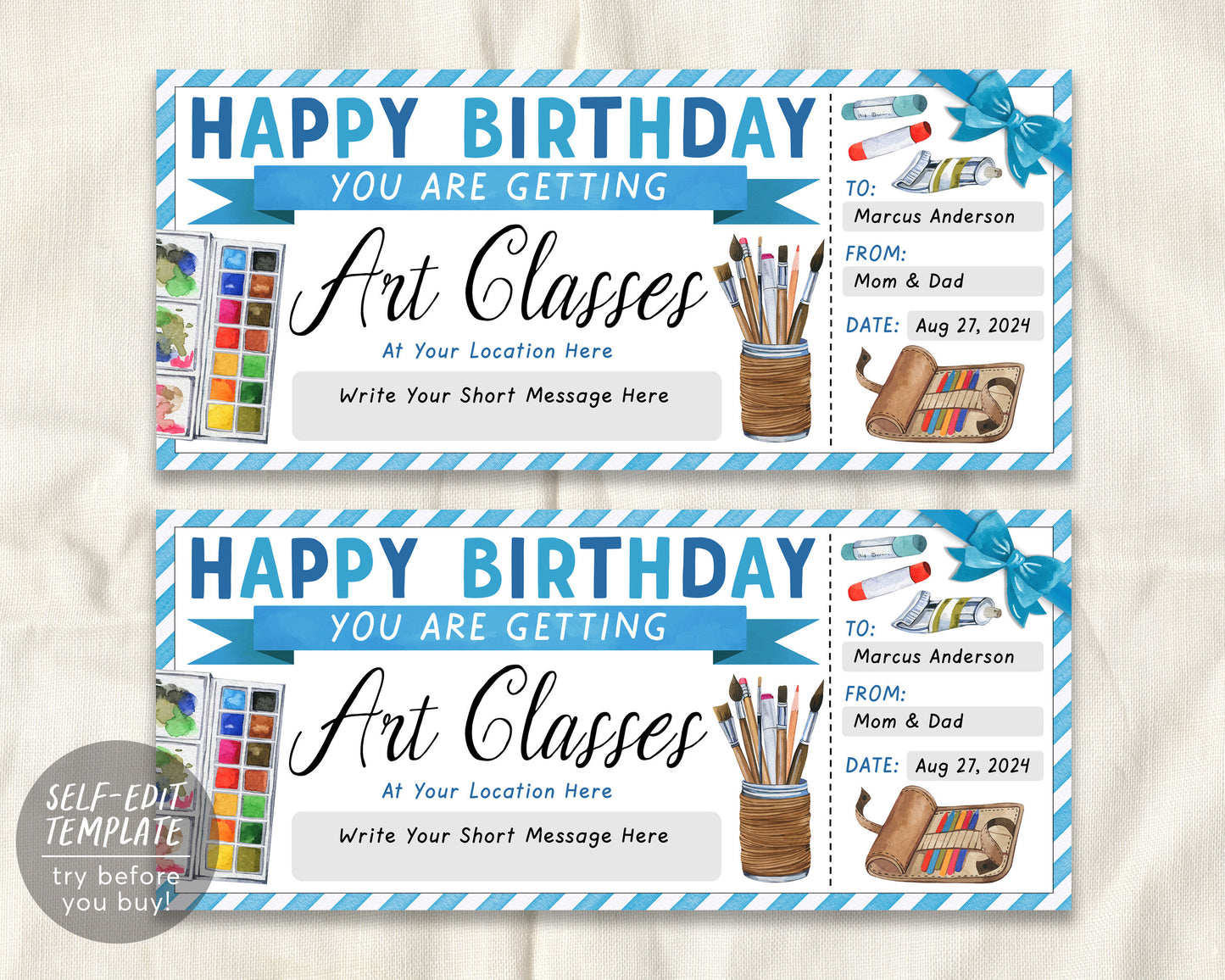 Birthday Art Class Gift Certificate Editable Template