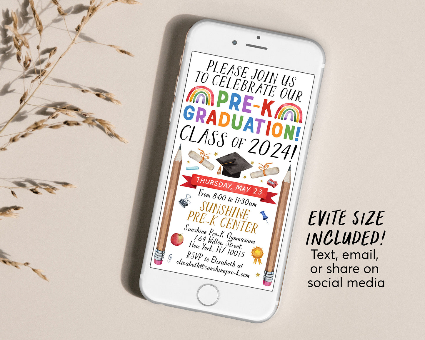 Pre-K Graduation Invitation Editable Template, Class Graduation Announcement, Watercolor Preschool Graduation Ceremony Invite Digital Evite