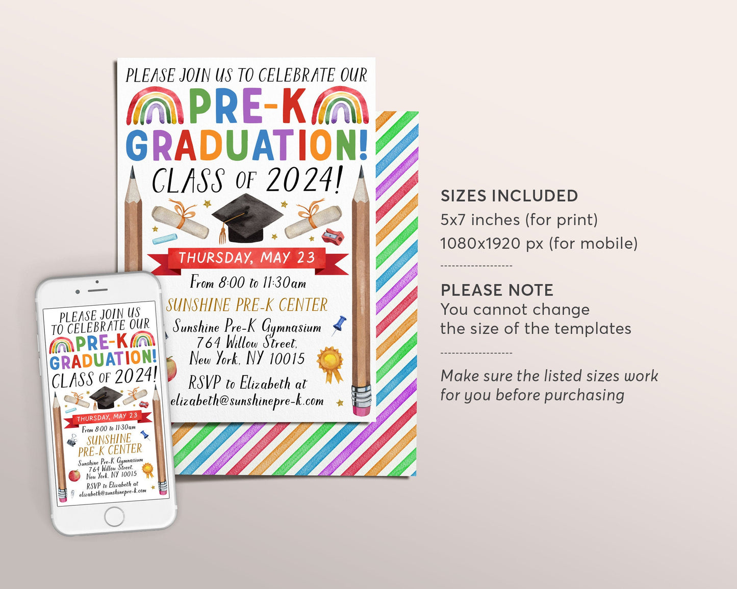 Pre-K Graduation Invitation Editable Template, Class Graduation Announcement, Watercolor Preschool Graduation Ceremony Invite Digital Evite