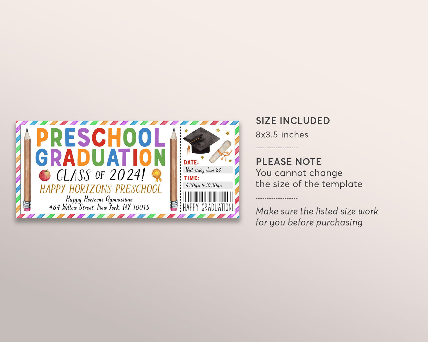 Preschool Graduation Ceremony Ticket Editable Template, Class Grad Invitation Announcement, Commencement Preschool Graduation Party Invite