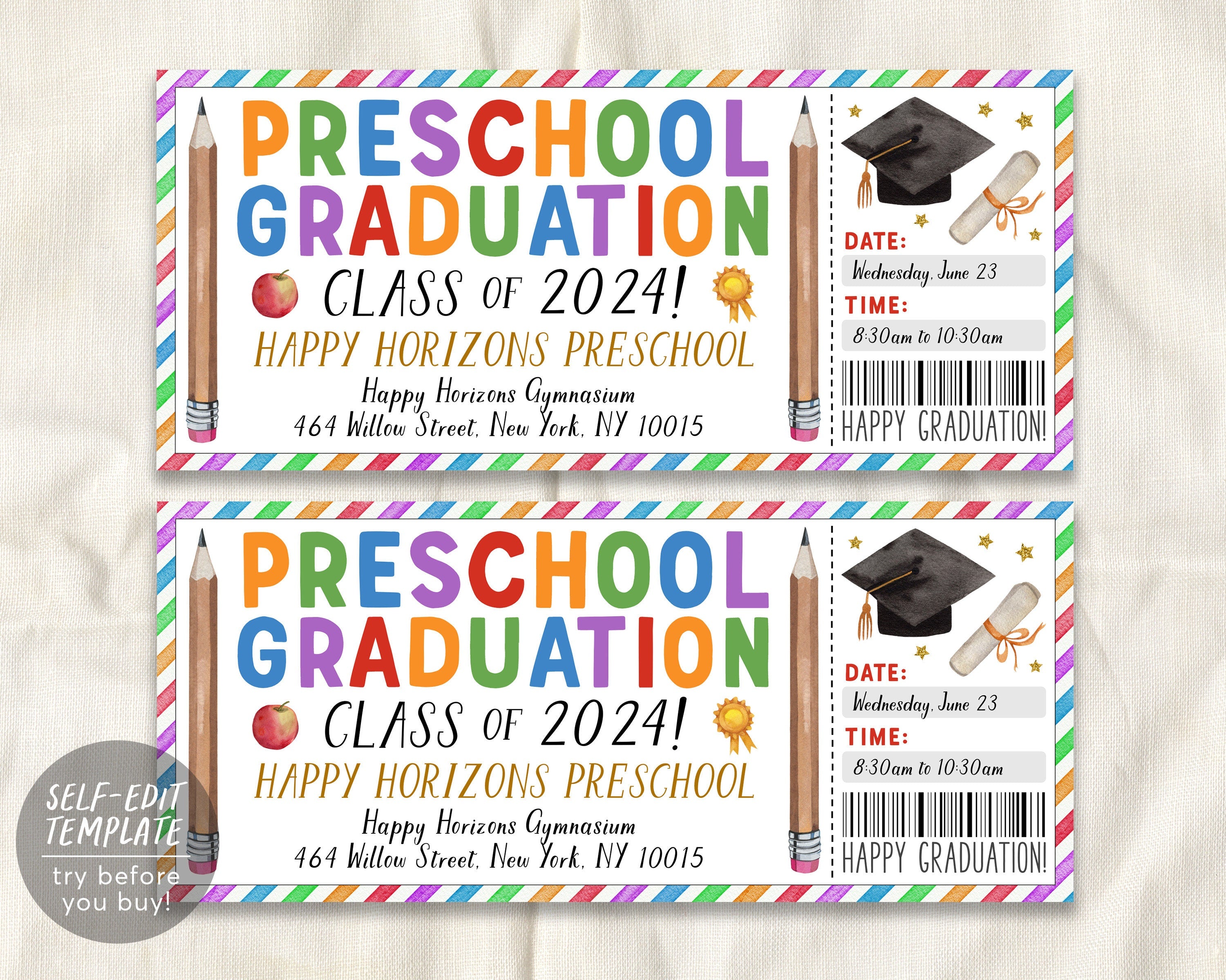 Preschool Graduation Ceremony Ticket Editable Template, Class Grad Inv ...