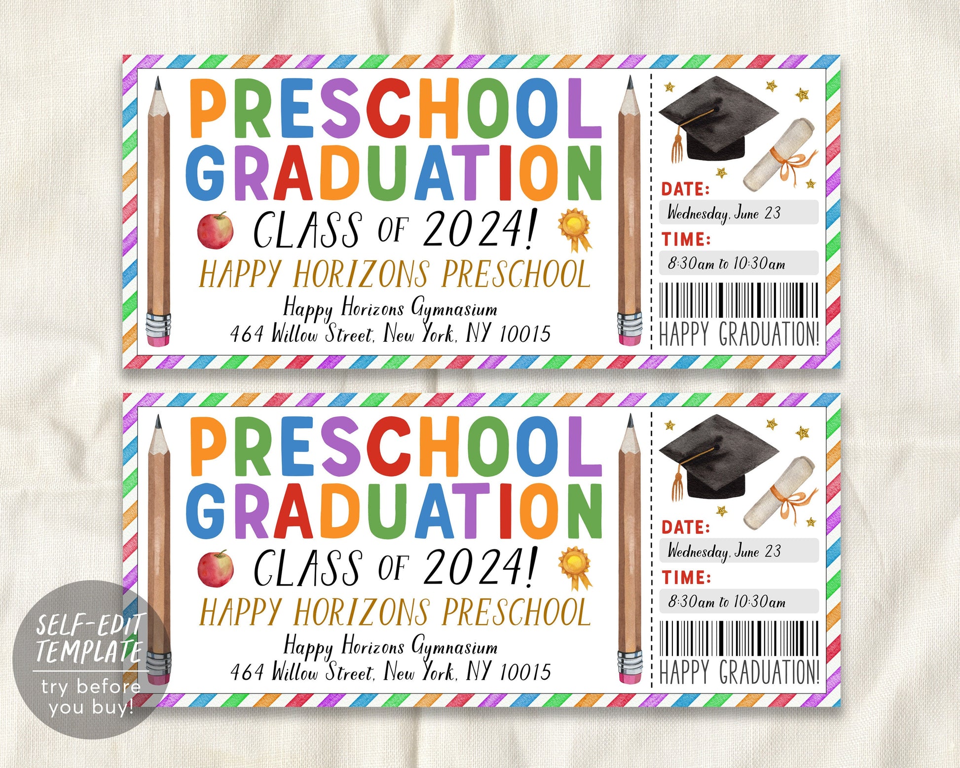 Preschool Graduation Ceremony Ticket Editable Template