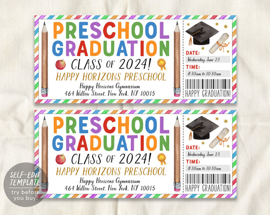 Preschool Graduation Ceremony Ticket Editable Template