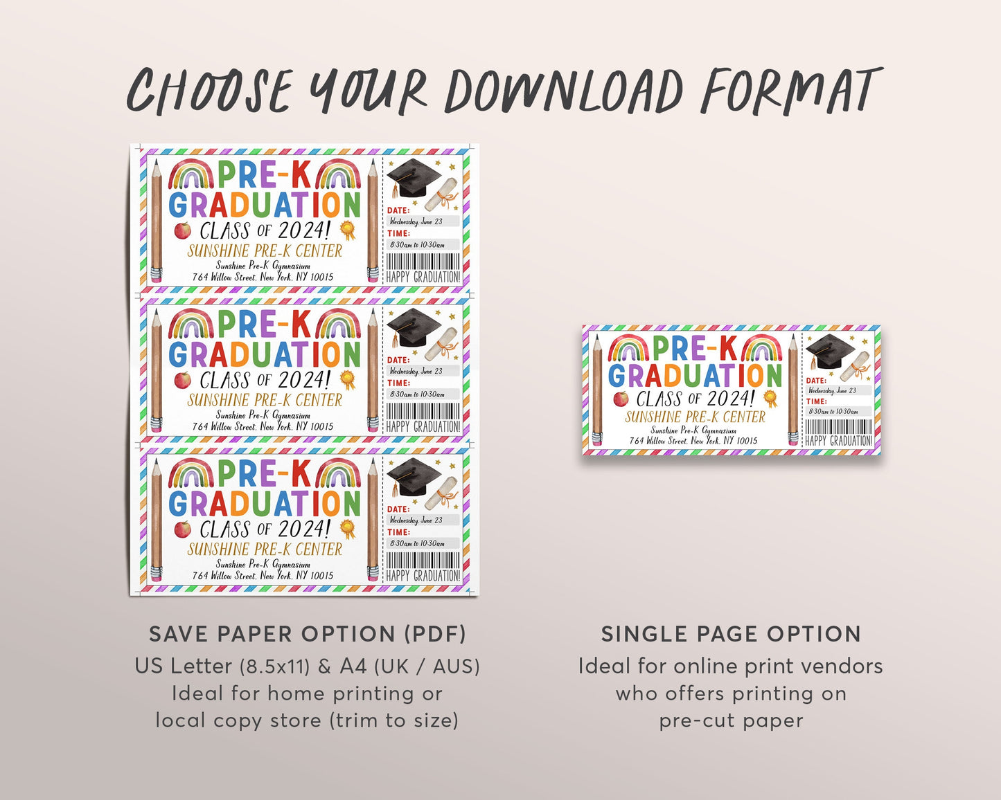 Pre-K Graduation Ceremony Ticket Editable Template, Class Grad Invitation Announcement, Commencement Preschool Graduation Party Invite DIY