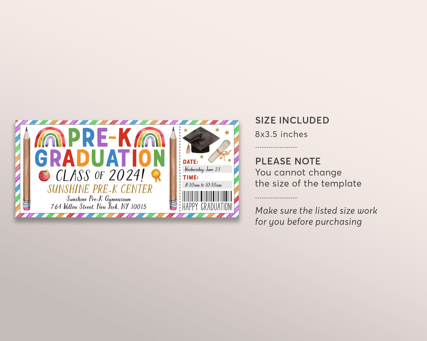 Pre-K Graduation Ceremony Ticket Editable Template, Class Grad Invitation Announcement, Commencement Preschool Graduation Party Invite DIY