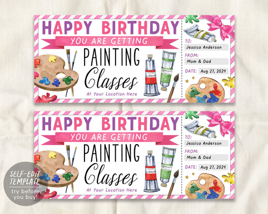 Birthday Painting Class Gift Certificate Ticket Editable Template