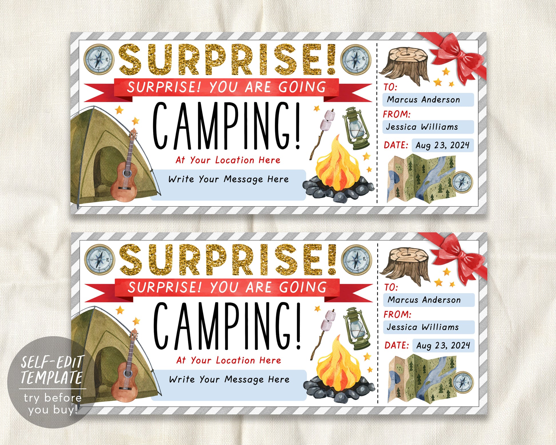 camping pass Camping Trip Ticket Editable Template, Weekend Trip Reveal Gift Certif – Puff Paper Co