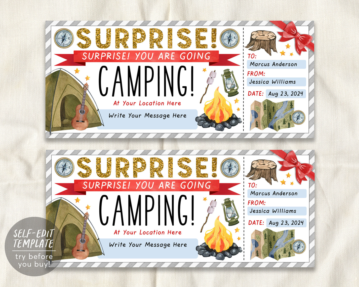 Camping Trip Ticket Editable Template