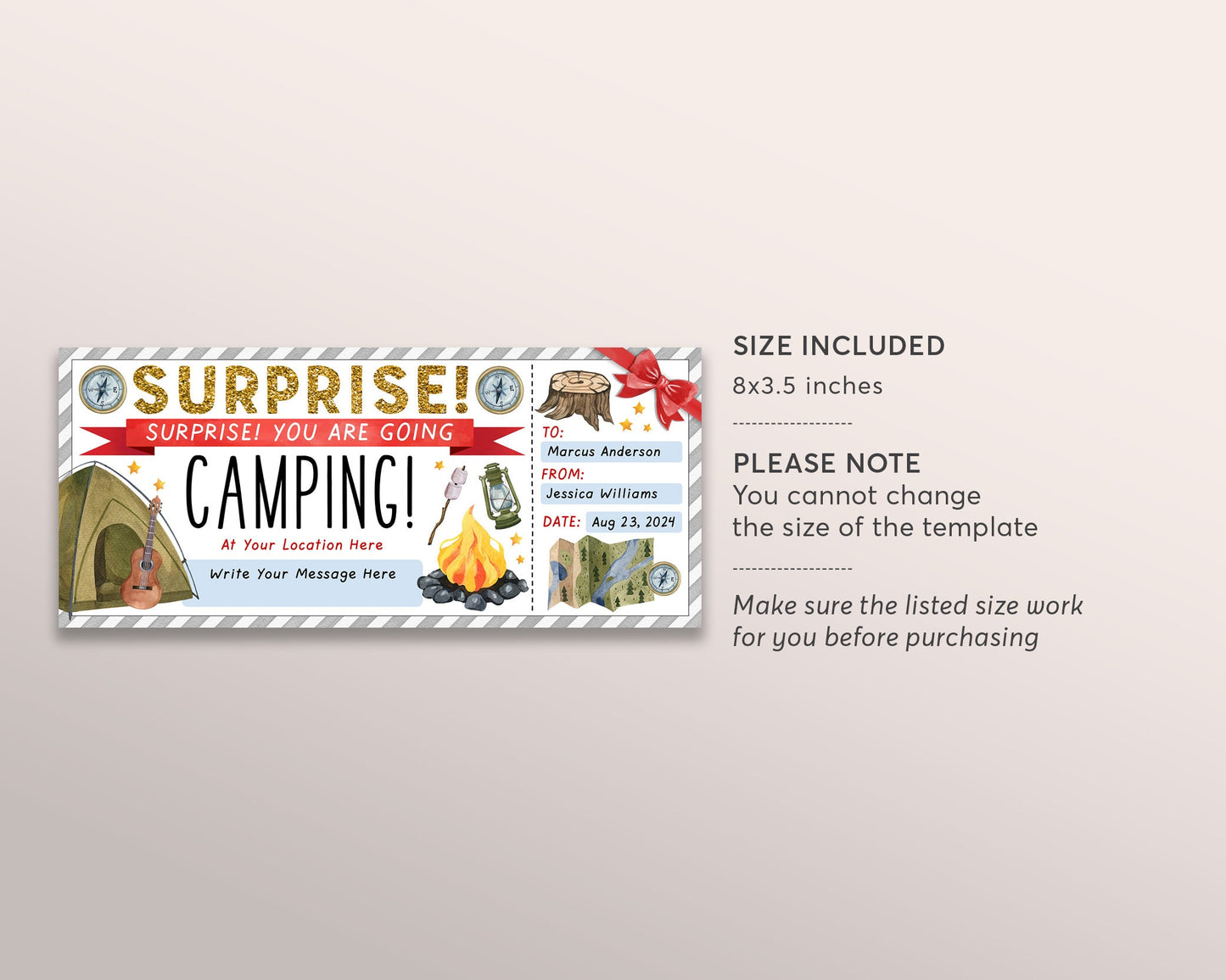 Camping Trip Ticket Editable Template, Weekend Trip Reveal Gift Certificate, Wilderness Hiking Experience Voucher Coupon, Any Occasion