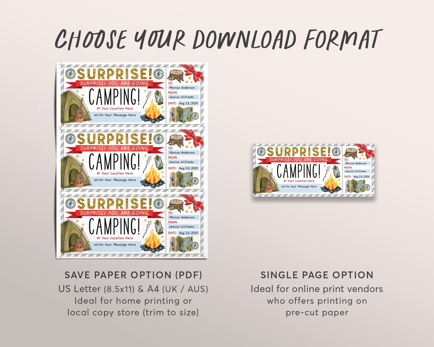 Camping Trip Ticket Editable Template, Weekend Trip Reveal Gift Certificate, Wilderness Hiking Experience Voucher Coupon, Any Occasion