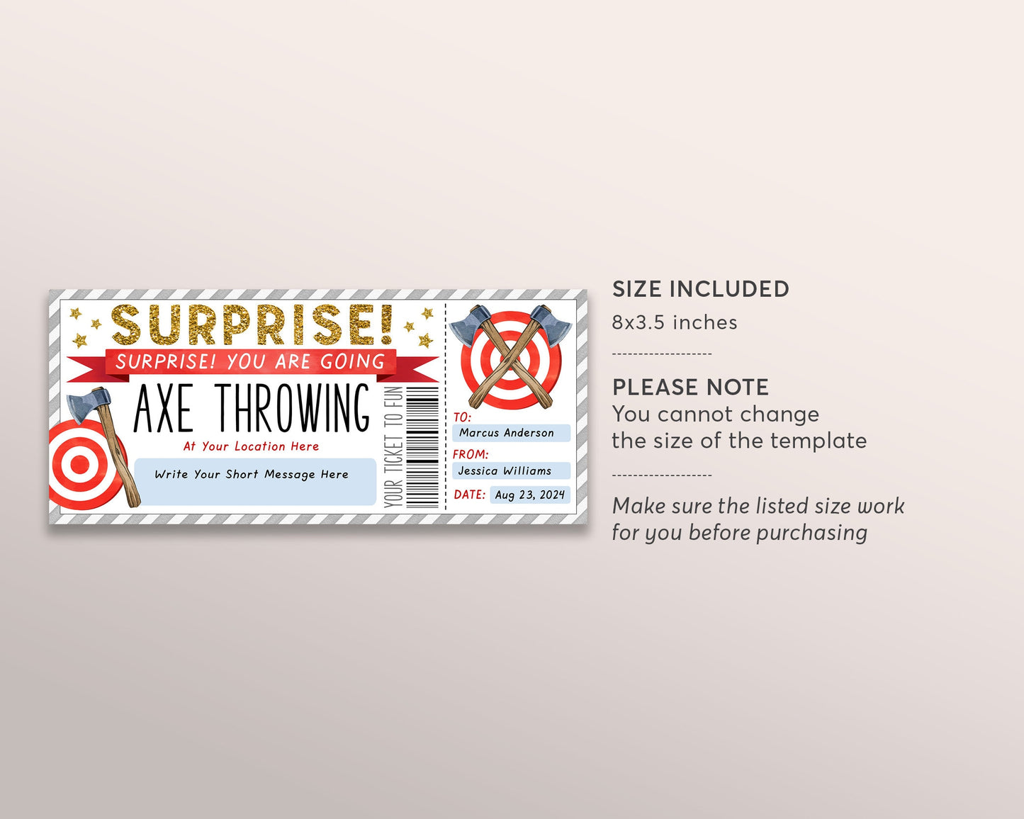 Axe Throwing Gift Certificate Ticket Editable Template, Surprise Hatchet Throwing Experience Gift Voucher Holiday Coupon, Any Occasion