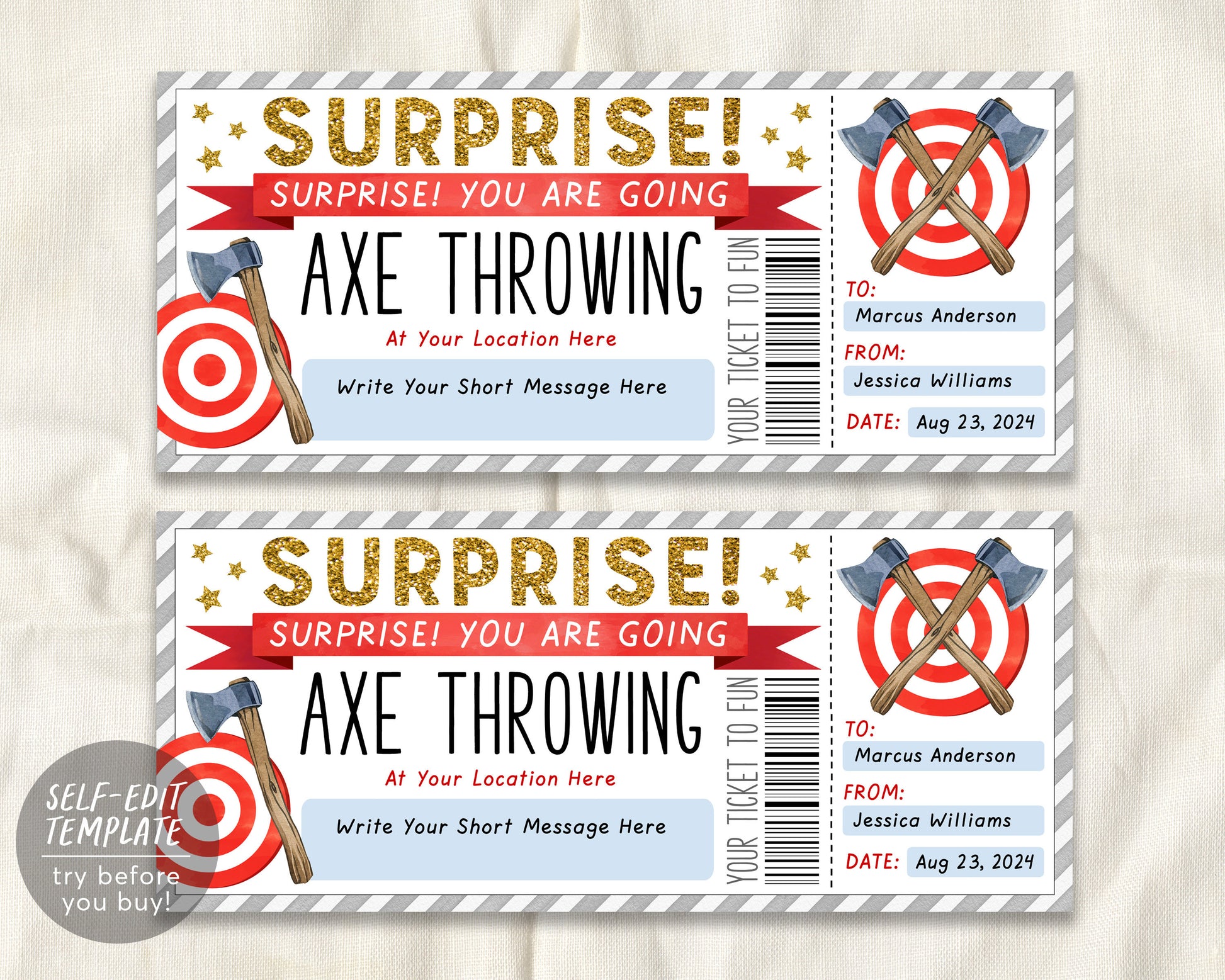 Axe Throwing Gift Certificate Ticket Editable Template