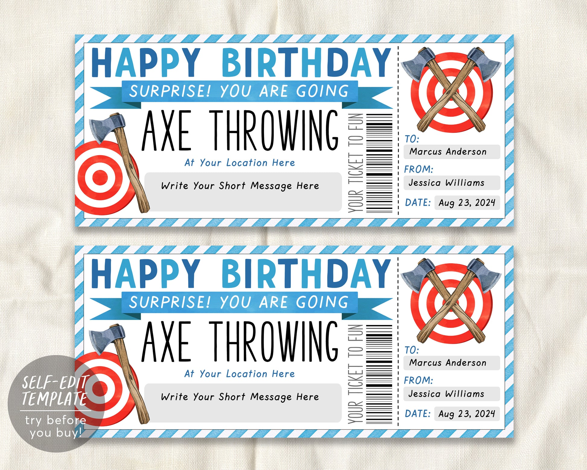 Axe Throwing Gift Certificate Ticket Editable Template