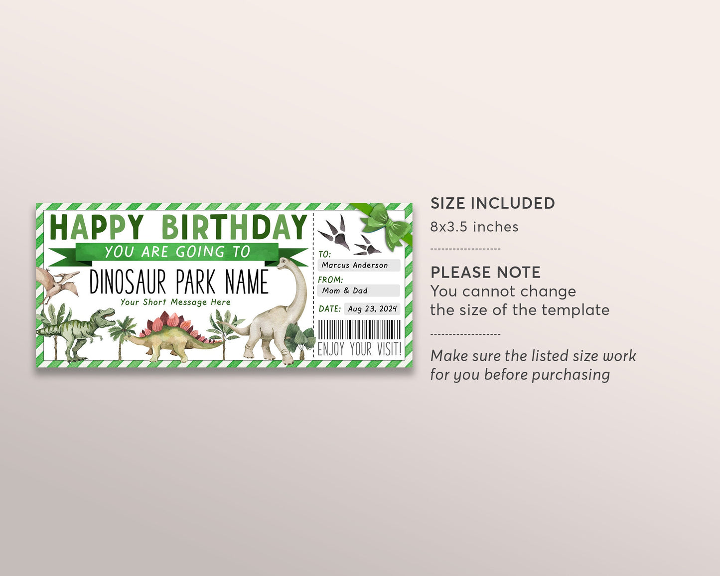 Dinosaur Park Ticket Editable Template, Birthday Surprise Dinosaur Museum Membership Voucher For Kids, Theme Park Day Trip Gift Certificate