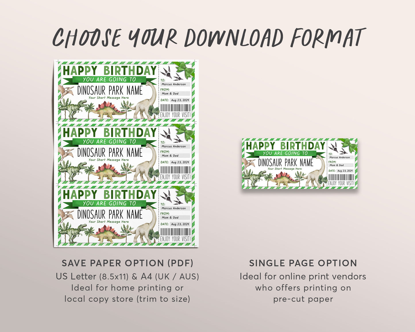 Dinosaur Park Ticket Editable Template, Birthday Surprise Dinosaur Museum Membership Voucher For Kids, Theme Park Day Trip Gift Certificate