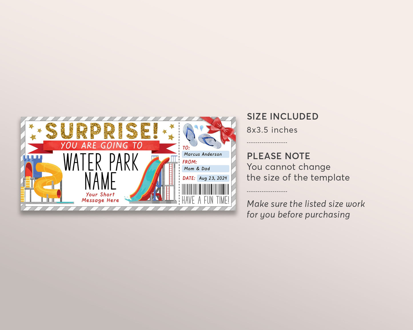 Surprise Water Park Ticket Editable Template, Waterpark Visit Gift Voucher For Kids, Slide Season Pass Gift Certificate, Any Occasion