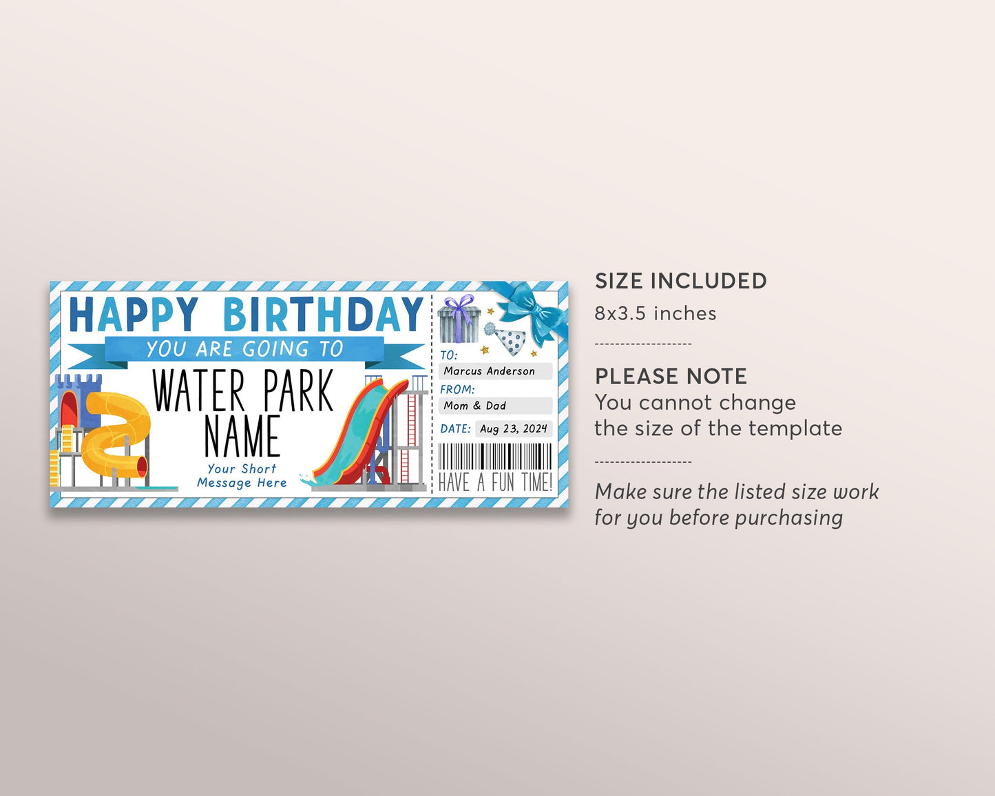 Water Park Ticket Editable Template, Birthday Surprise Waterpark Visit Gift Voucher For Him, Slide Season Pass Gift Certificate Printable