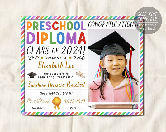 Preschool Graduation Diploma With Photo Editable Template