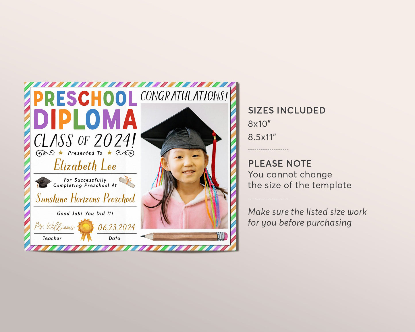 Preschool Graduation Diploma With Photo Editable Template, PreK Pre-K Kindergarten Certificate of Completion, Last Day of Preschool Sign