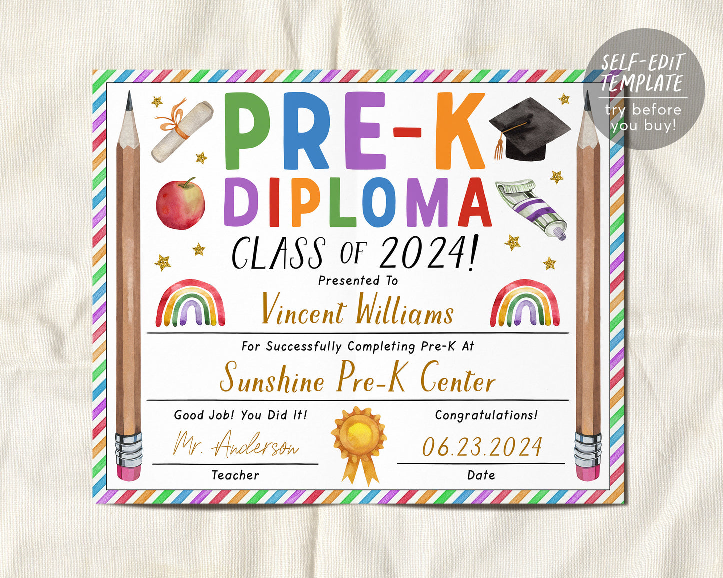 Pre-K Graduation Diploma Editable Template