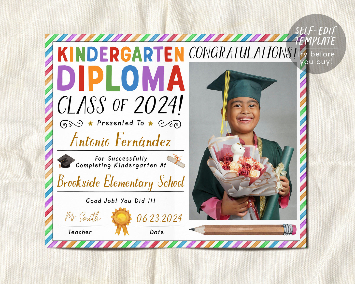 Kindergarten Graduation Diploma With Photo Editable Template