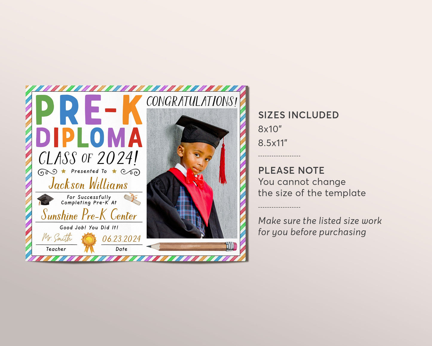 Pre-K Graduation Diploma With Photo Editable Template, PreK Kindergarten Certificate of Completion, Watercolor Last Day of Preschool Sign