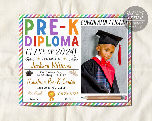 Pre-K Graduation Diploma With Photo Editable Template