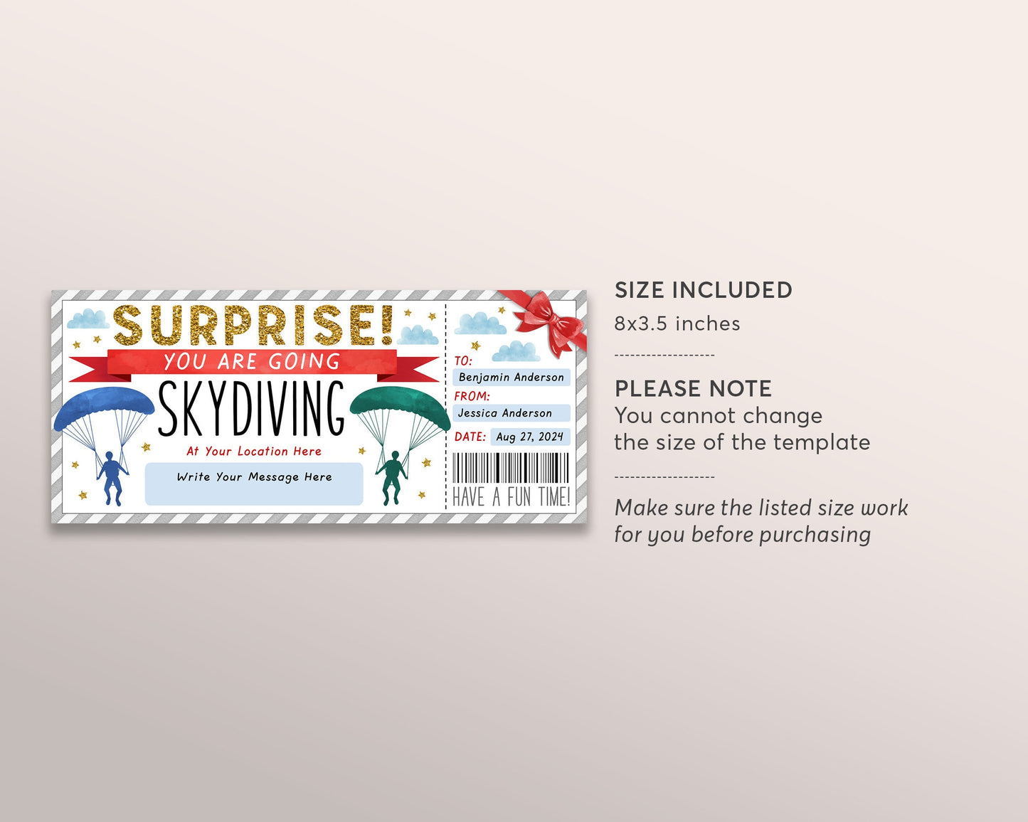 Skydiving Ticket Gift Certificate Ticket Editable Template, Surprise Tandem Skydiving Experience Gift Voucher, Sky Dive Parachuting Coupon