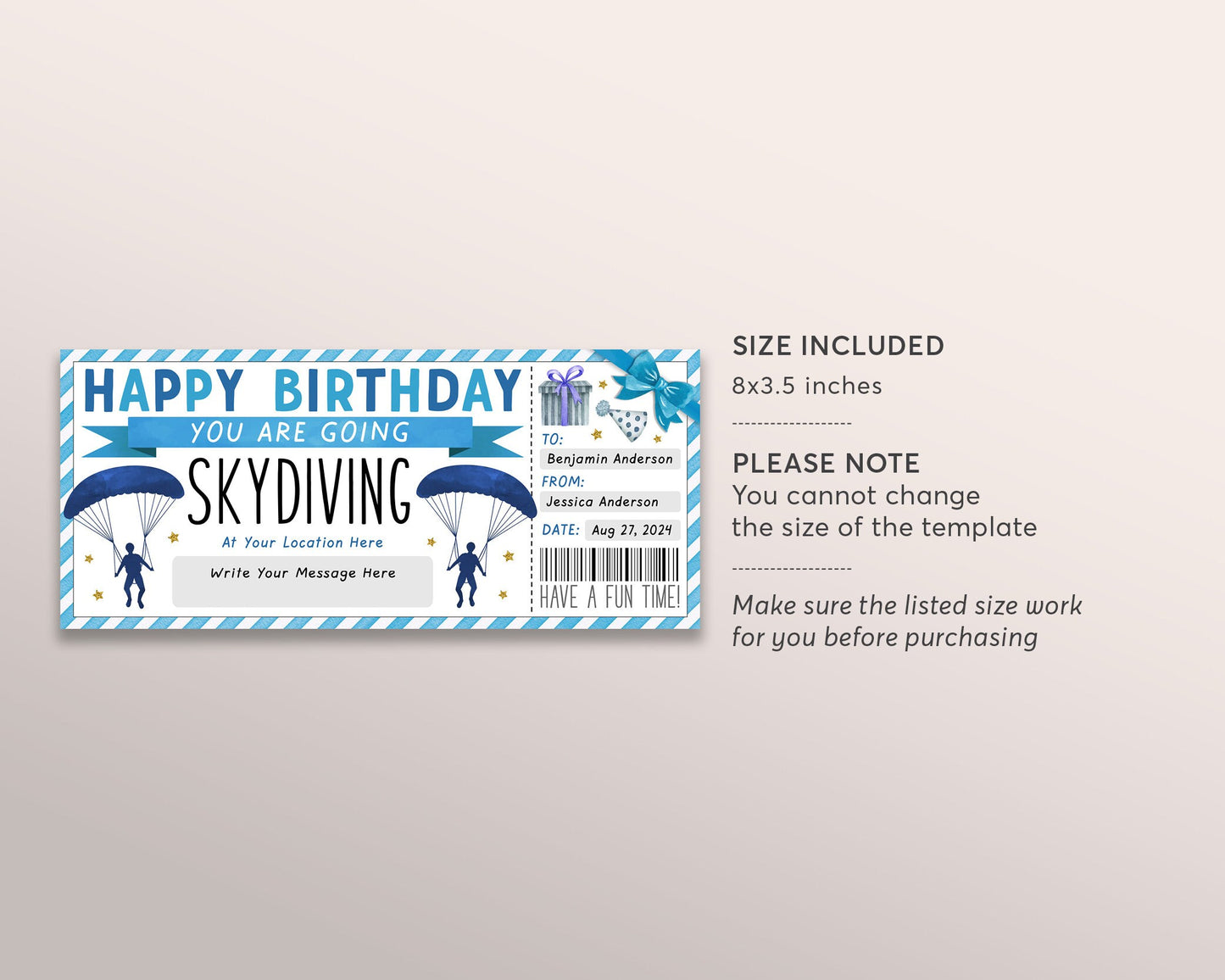 Skydiving Ticket Gift Certificate Ticket Editable Template, Birthday Tandem Skydiving Experience Gift Voucher, Sky Dive Parachuting Coupon