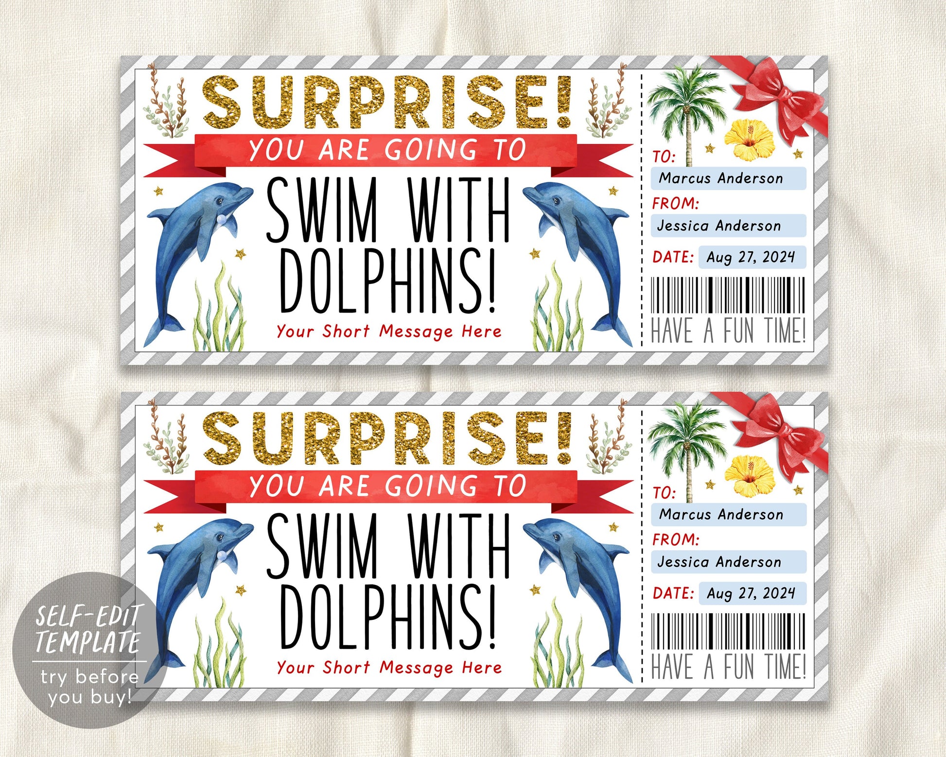 Swim With Dolphins Ticket Editable Template