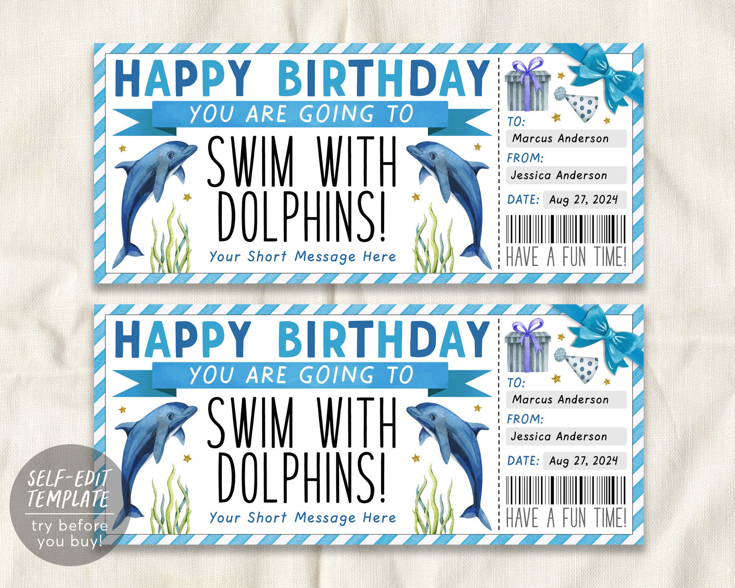 Birthday Swim With Dolphins Ticket Editable Template