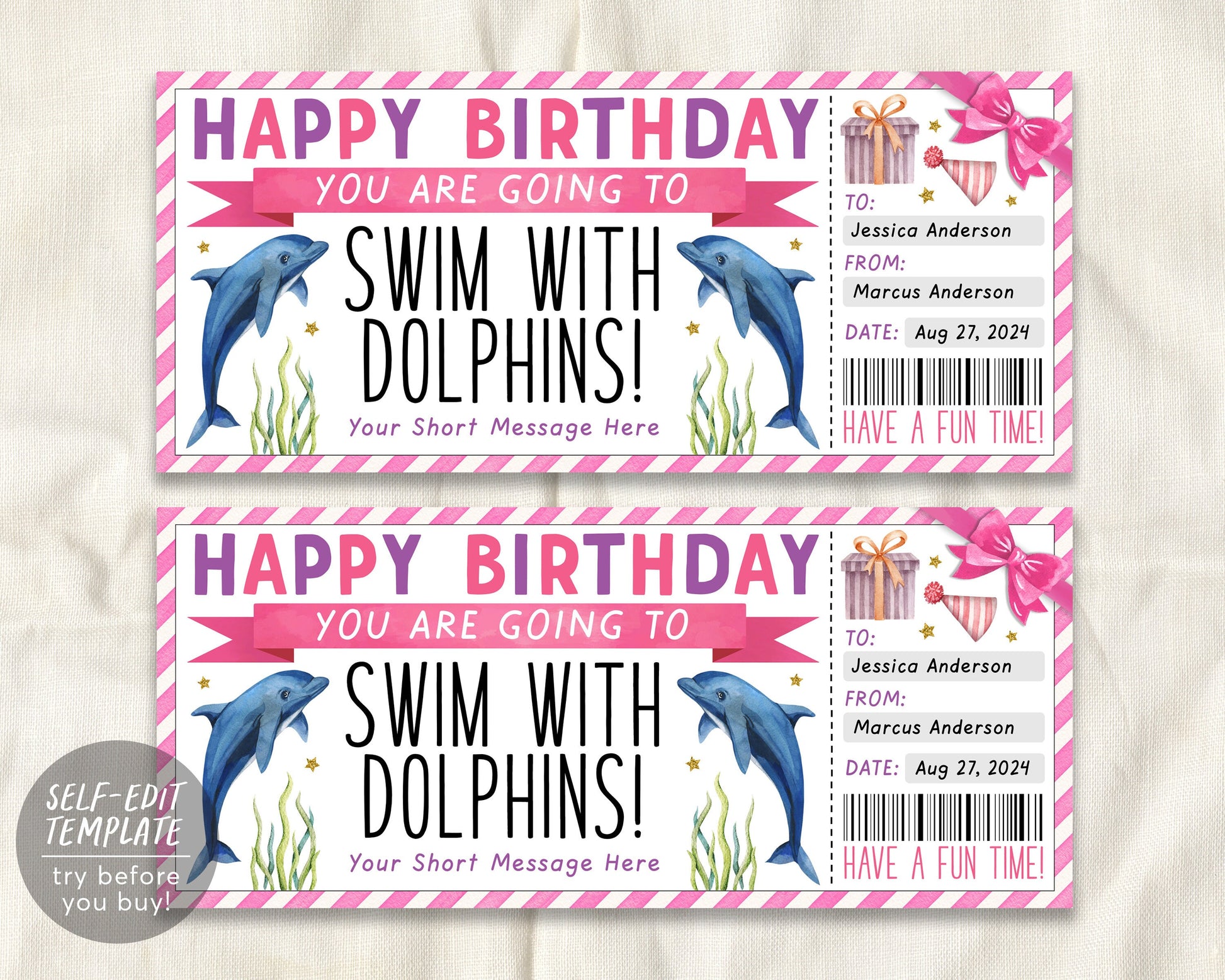 Birthday Pink Swim With Dolphins Ticket Editable Template