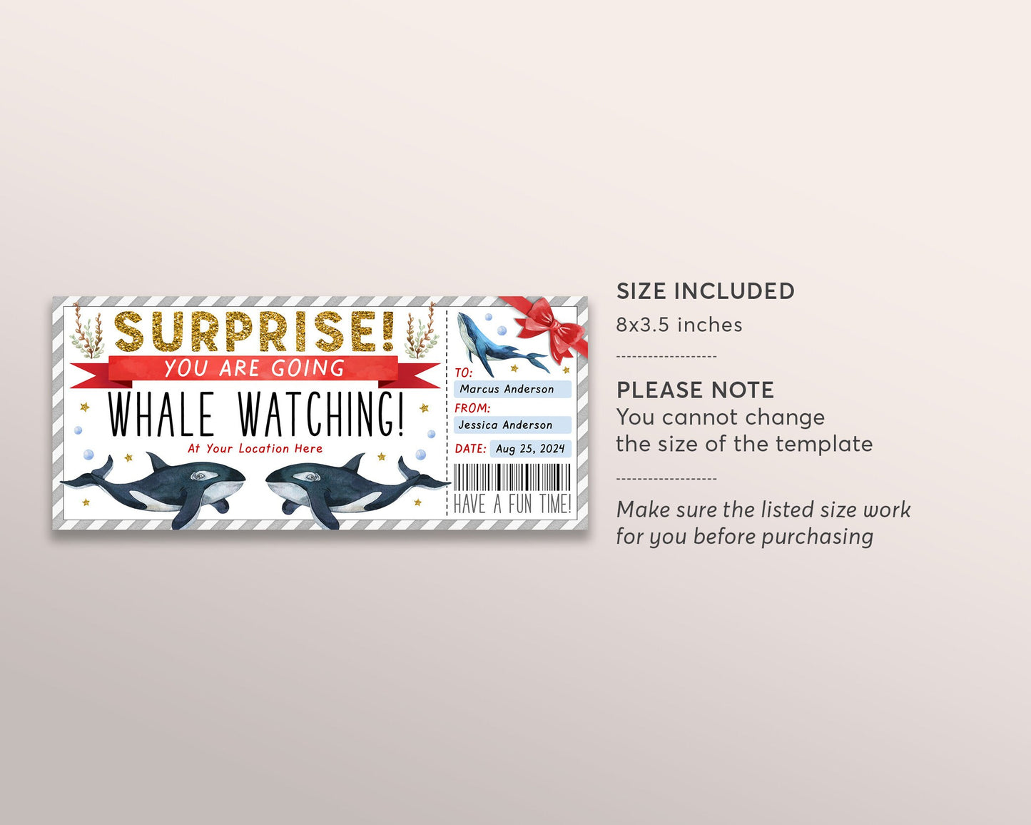 Whale Watching Trip Ticket Editable Template, Surprise Whale Watching Boat Cruise Day Trip Voucher Gift Certificate Coupon, Any Occasion