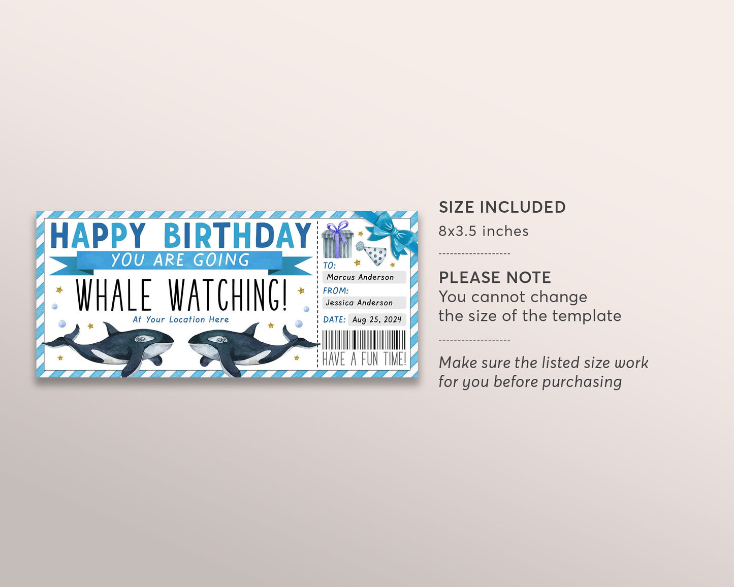 Whale Watching Trip Ticket Editable Template, Birthday Surprise Whale Watching Boat Cruise Day Trip Voucher Gift Certificate Coupon For Him