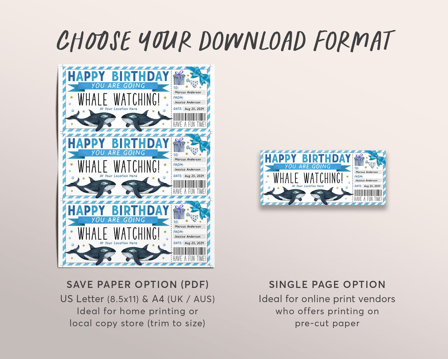 Whale Watching Trip Ticket Editable Template, Birthday Surprise Whale Watching Boat Cruise Day Trip Voucher Gift Certificate Coupon For Him