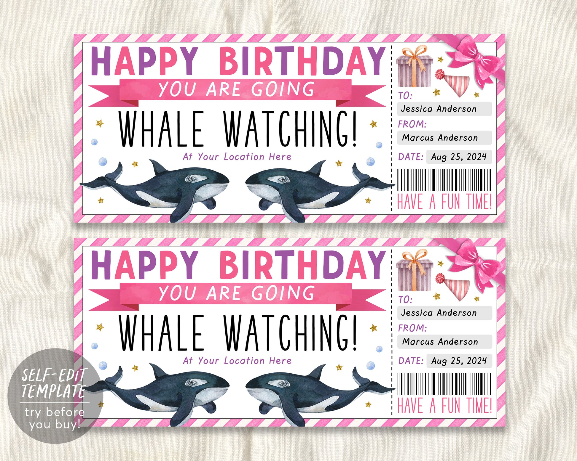 Birthday Whale Watching Trip Ticket Editable Template