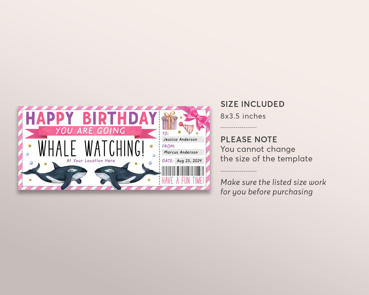 Whale Watching Trip Ticket Editable Template, Birthday Surprise Whale Watching Boat Cruise Day Trip Voucher Gift Certificate Coupon For Him