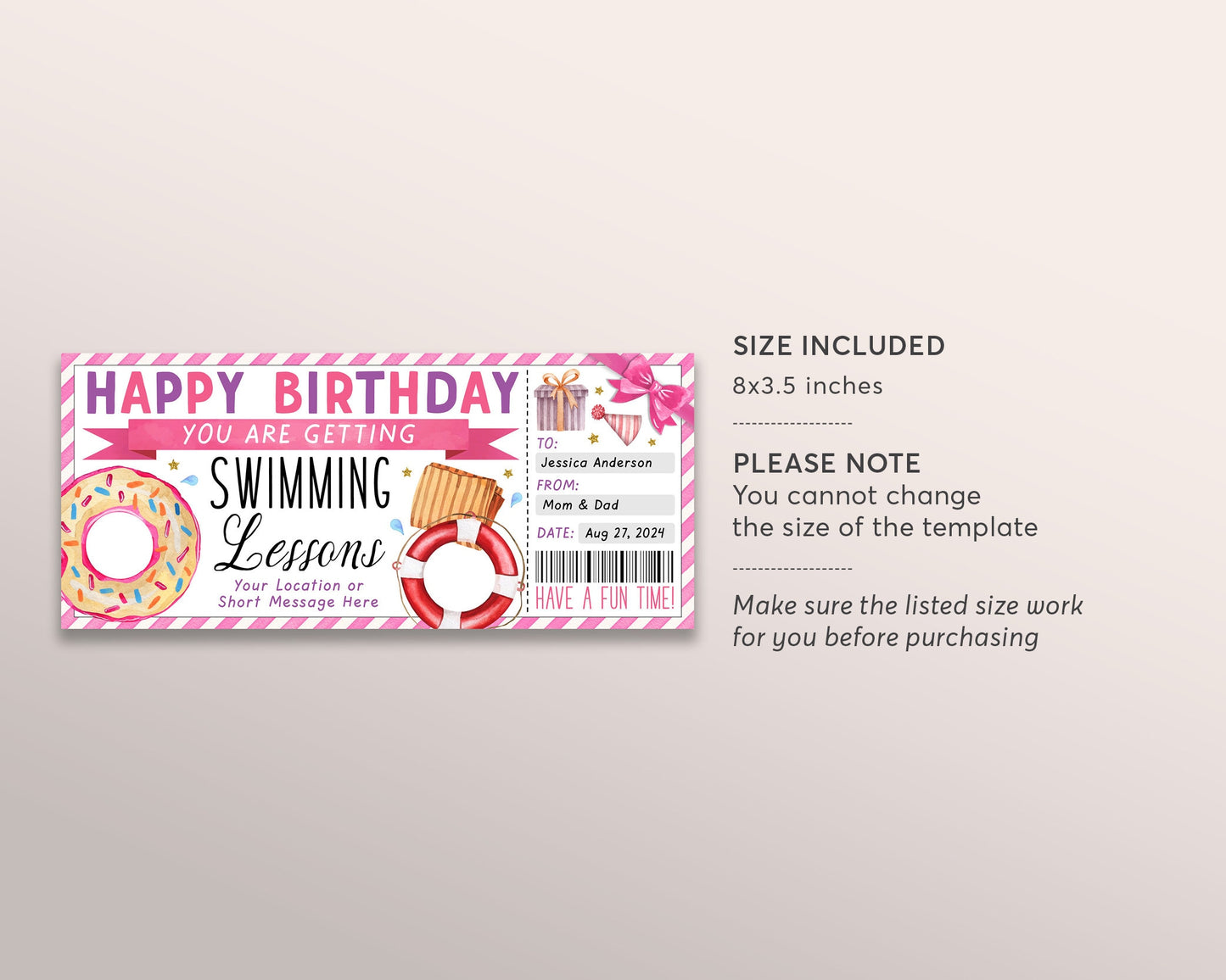 Swim Lessons Gift Certificate Ticket Editable Template, Birthday Surprise Swimming Classes Experience For Her, Learn to Swim Voucher Coupon