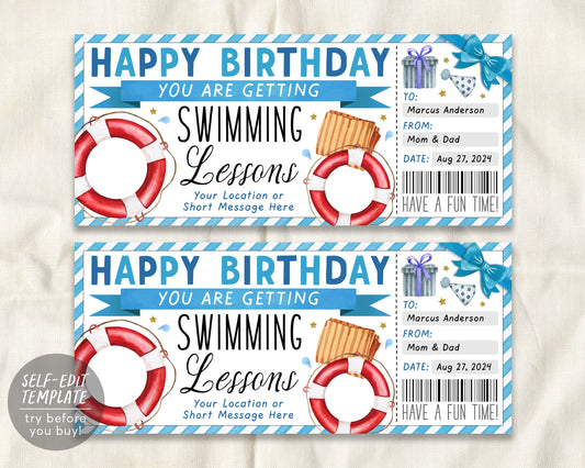 Birthday Swim Lessons Gift Certificate Ticket Editable Template