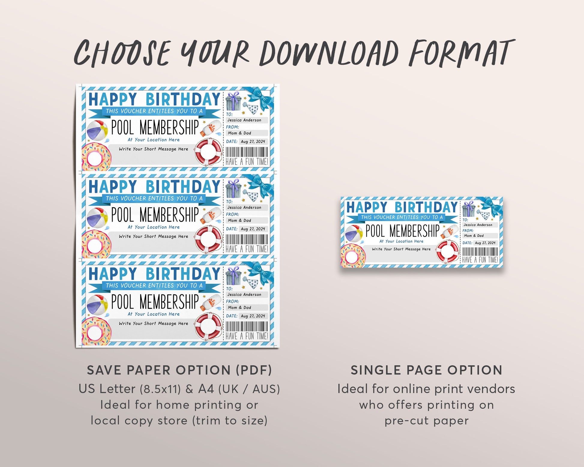 Pool Membership Gift Certificate Ticket Editable Template