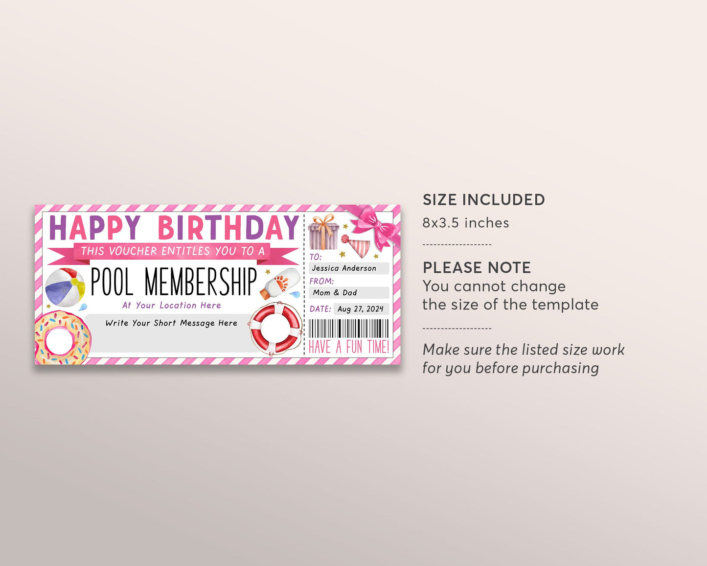 Pool Membership Gift Certificate Ticket Editable Template, Birthday Surprise Swim Club Season Pass Voucher Coupon Swimming Pool Reveal