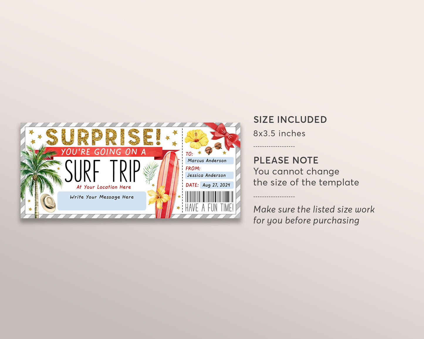 Surf Trip Ticket Gift Voucher Editable Template, Surprise Surfing Experience Gift Certificate, Tropical Beach Trip Coupon, Any Occasion