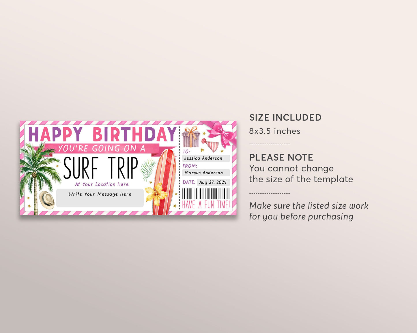 Surf Trip Ticket Gift Voucher Editable Template, Birthday Surprise Surfing Experience Gift Certificate For Her, Tropical Beach Trip Coupon