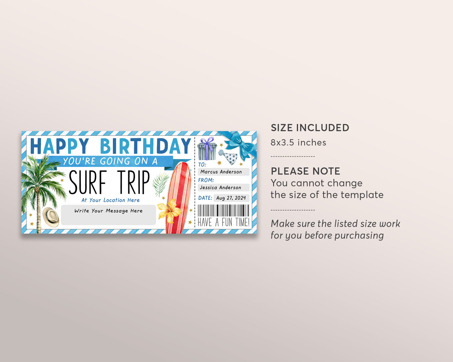 Surf Trip Ticket Gift Voucher Editable Template, Birthday Surprise Surfing Experience Gift Certificate For Her, Tropical Beach Trip Coupon