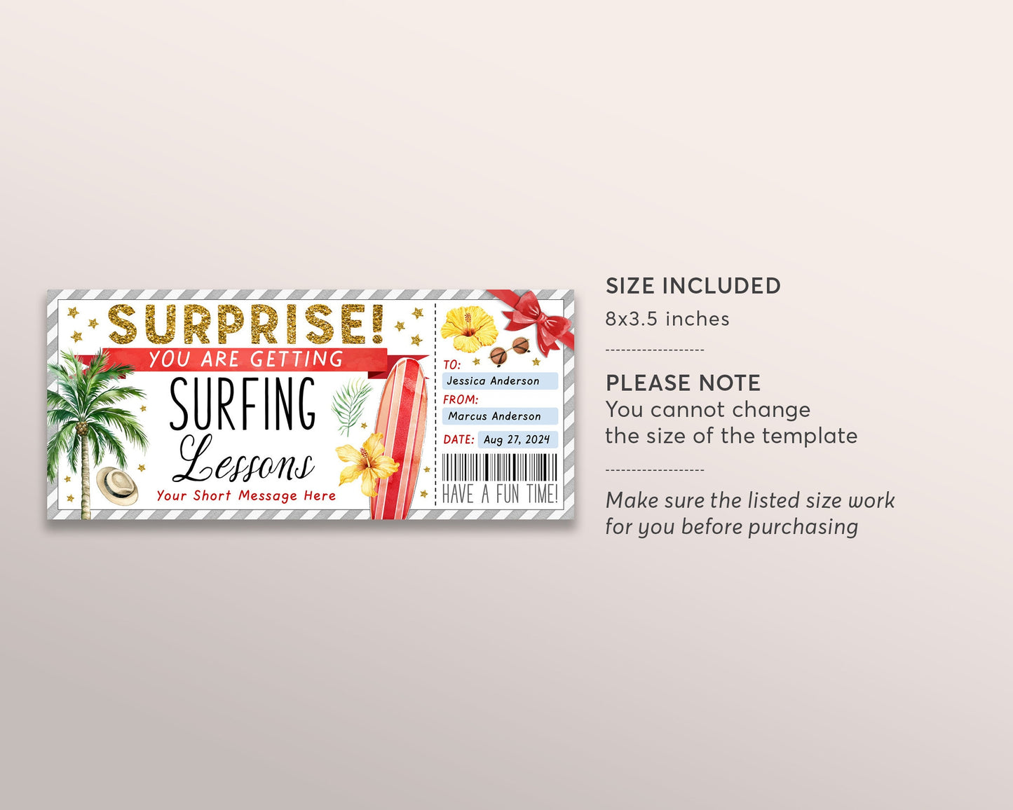 Surfing Lessons Gift Voucher Certificate Editable Template, Surprise Surf Classes, Learn To Surf Reveal Coupon Surfer, Beach Any Occasion