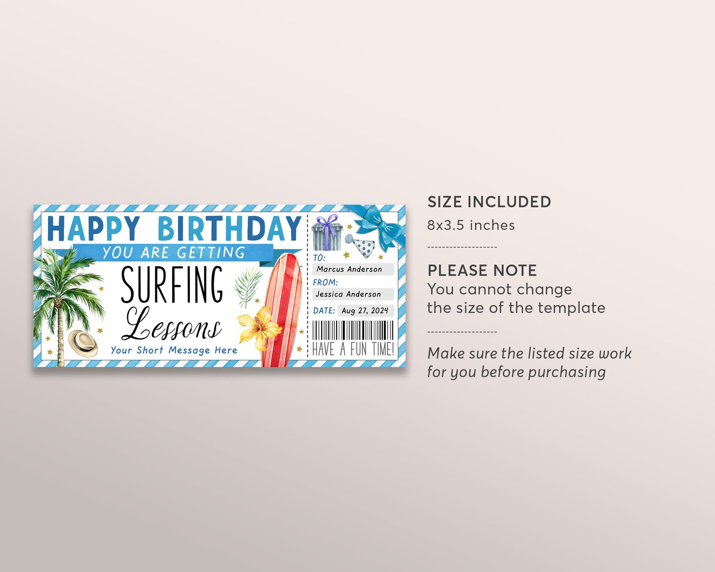 Surfing Lessons Gift Voucher Certificate Editable Template, Birthday Surprise Surf Classes For Him, Learn To Surf Reveal Coupon Surfer Beach