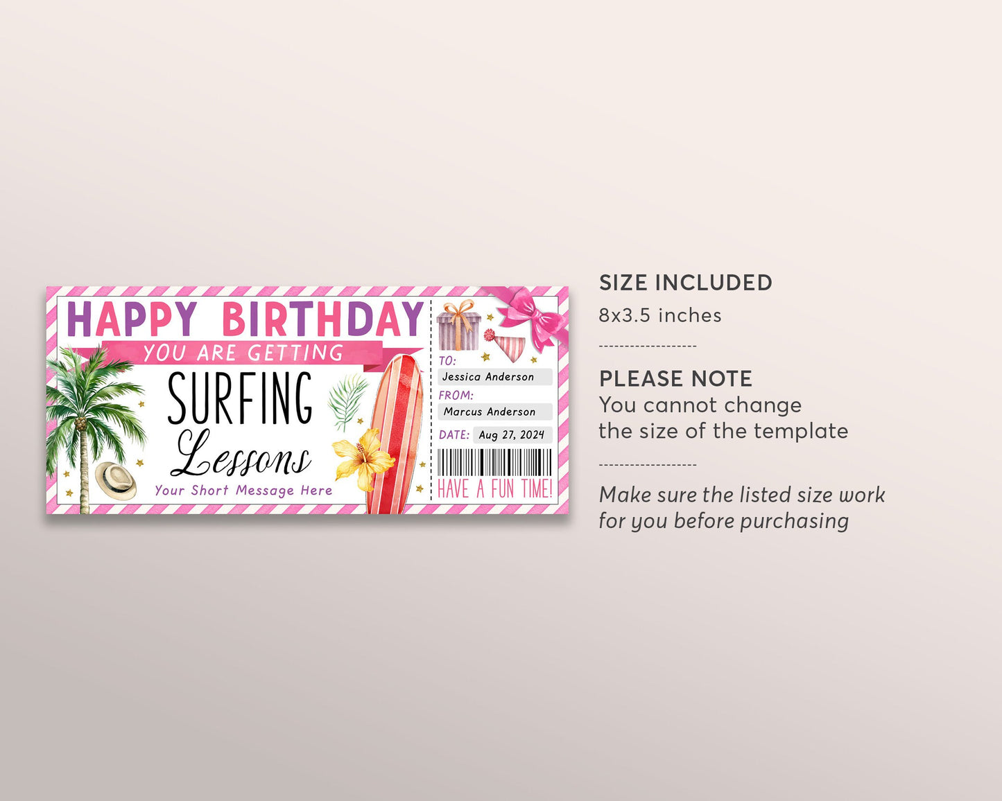 Surfing Lessons Gift Voucher Certificate Editable Template, Birthday Surprise Surf Classes For Her, Learn To Surf Reveal Coupon Surfer Beach