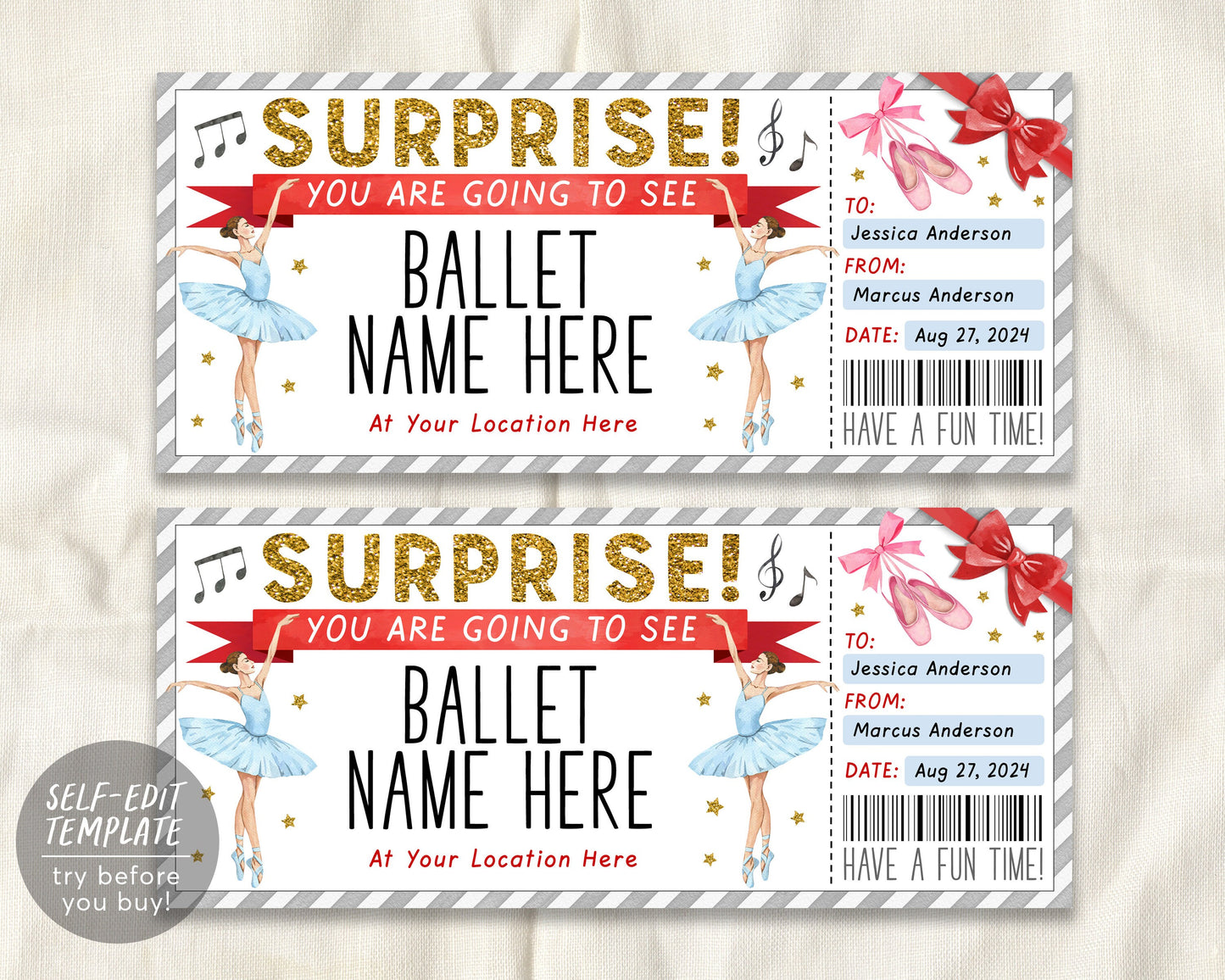 Ballet Gift Ticket Editable Template