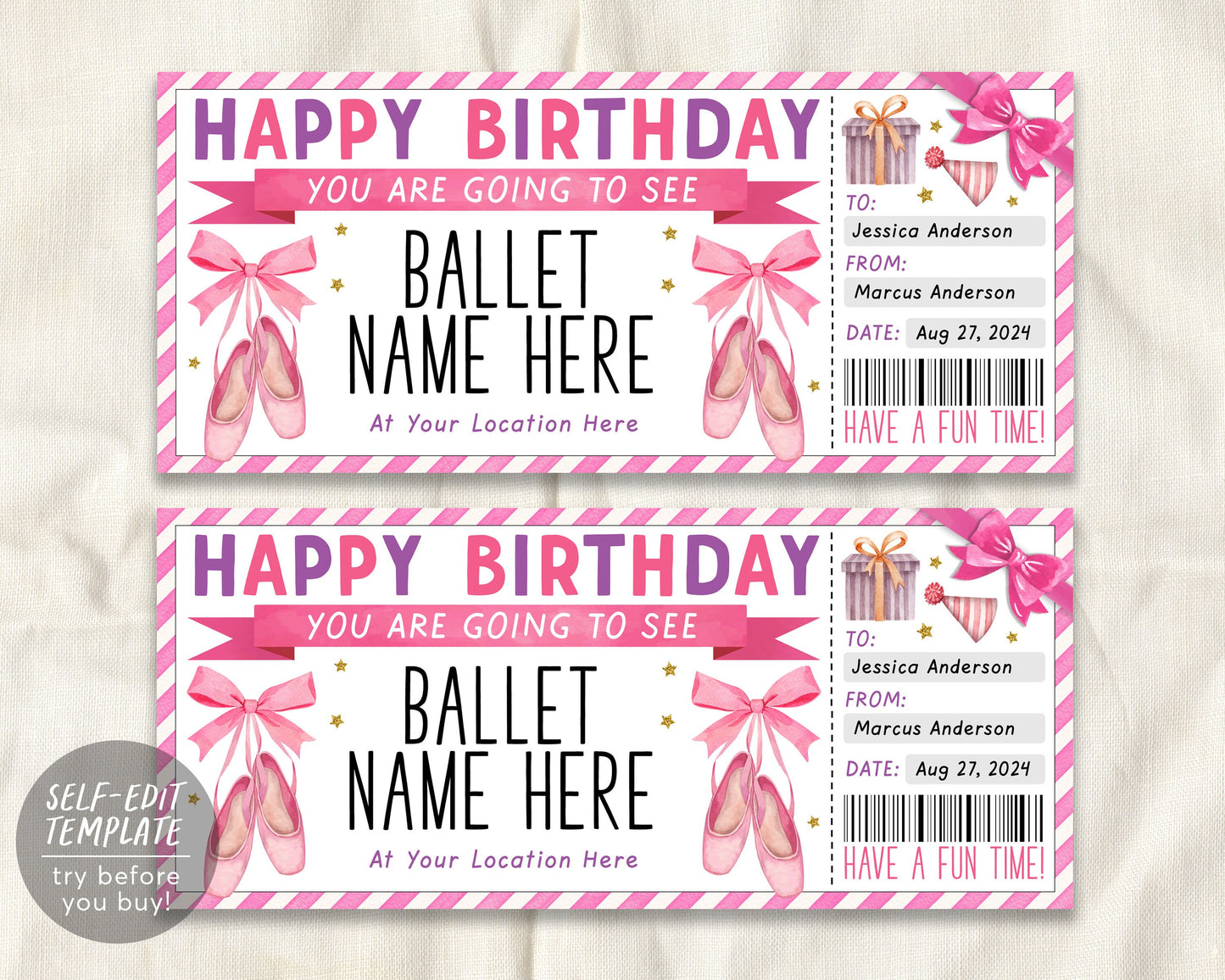 Birthday Ballet Gift Ticket Editable Template